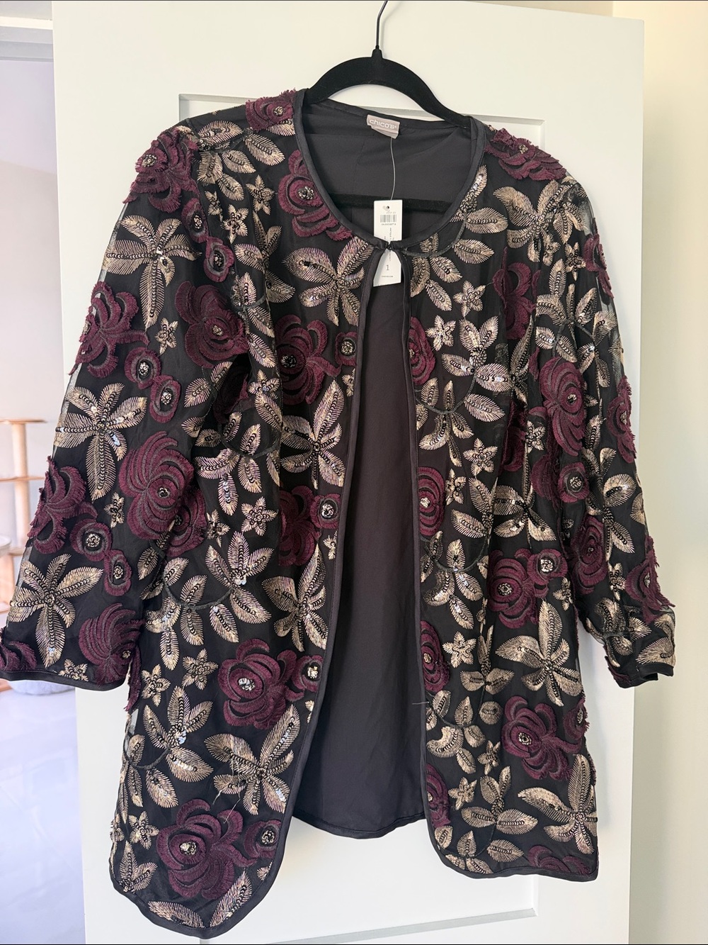 Chico's Black Jacket with Burgundy & Gold Floral Embroidery